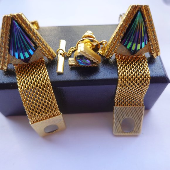 Wrap Around Mesh Retro Cufflinks and Tie Tack - Picture 1 of 3